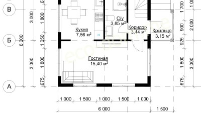 Проект дома из бруса 6х6 № ДБ-54